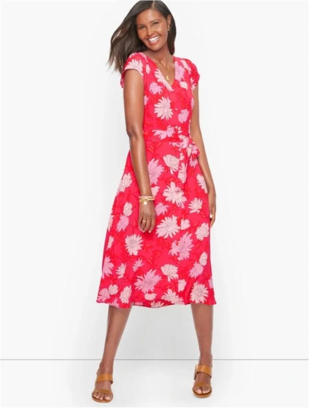 Talbots Petite Pink Floral Tie Waist Midi Dress Cap Sleeve Career Church 8P